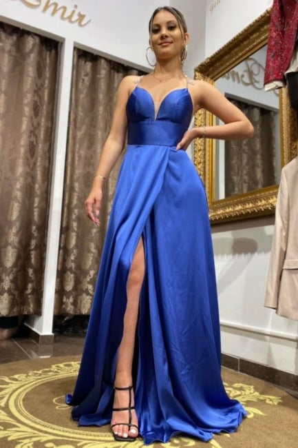 Vestido de noche sencillo de corte A, largo, azul, con tirantes abiertos al frente