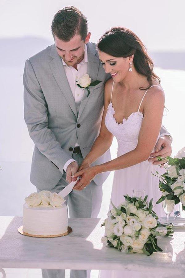 Schlichte A-Linie Spaghettiträger Strand Chiffon Brautkleider mit Spitze