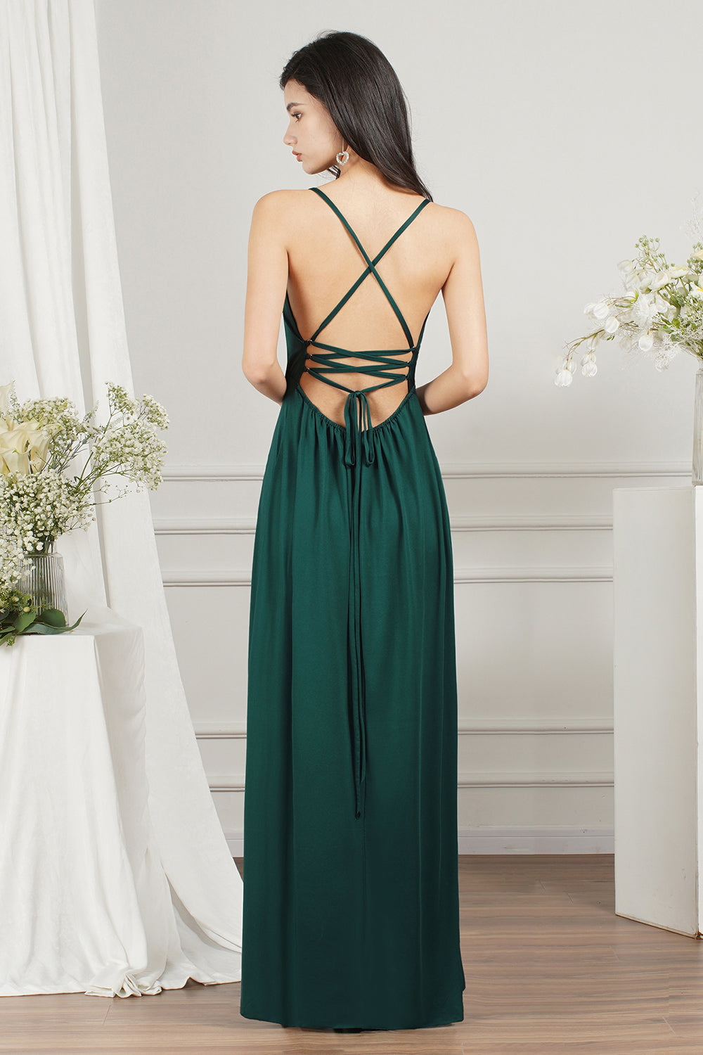 Simple A-line V-neck Backless Long Prom Dress With Slit