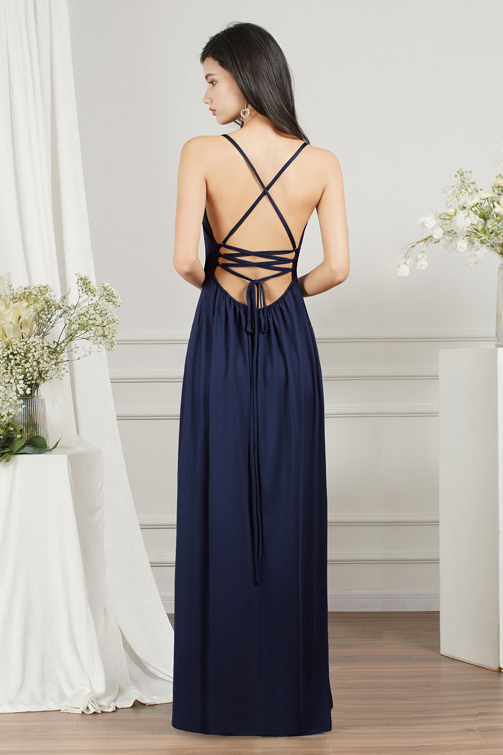 Simple A-line V-neck Backless Long Prom Dress With Slit