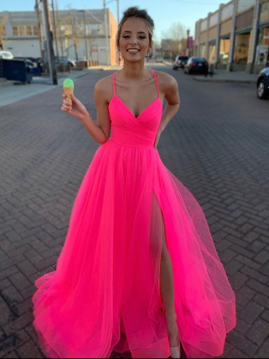 Vestido de fiesta largo sencillo con escote en V, tul y tirantes finos con abertura alta