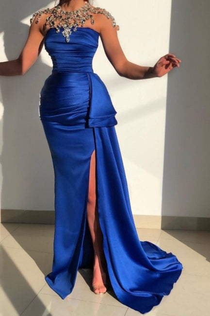 Vestido de fiesta sencillo de satén azul sin tirantes, sin mangas, corte sirena, largo hasta el suelo