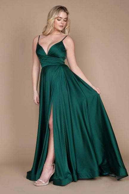 Vestido de fiesta sencillo de satén verde con tirantes finos, sin mangas y corte en forma de columna y volantes