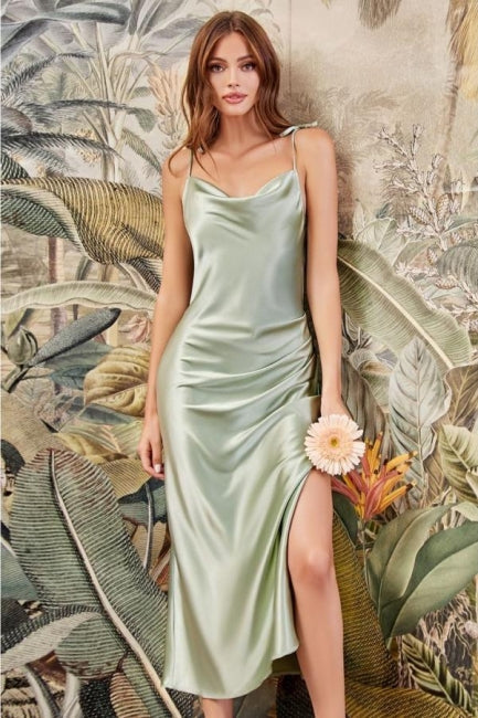 Vestido de dama de honor de satén elástico, sin mangas, con tirantes finos, color verde, con volantes y corte sirena.