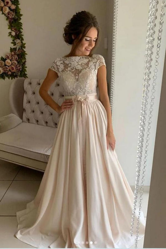 Vestidos de novia sencillos de corte A largo con joya de satén elástico y encaje