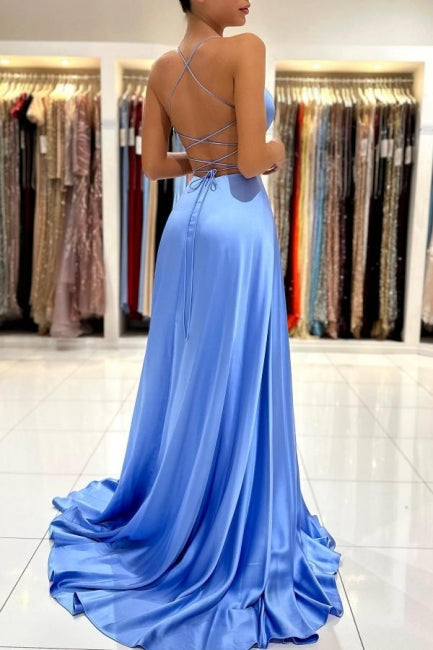 Einfaches langes blaues V-Ausschnitt Spaghettiträger Satin Abendkleid mit Schlitz