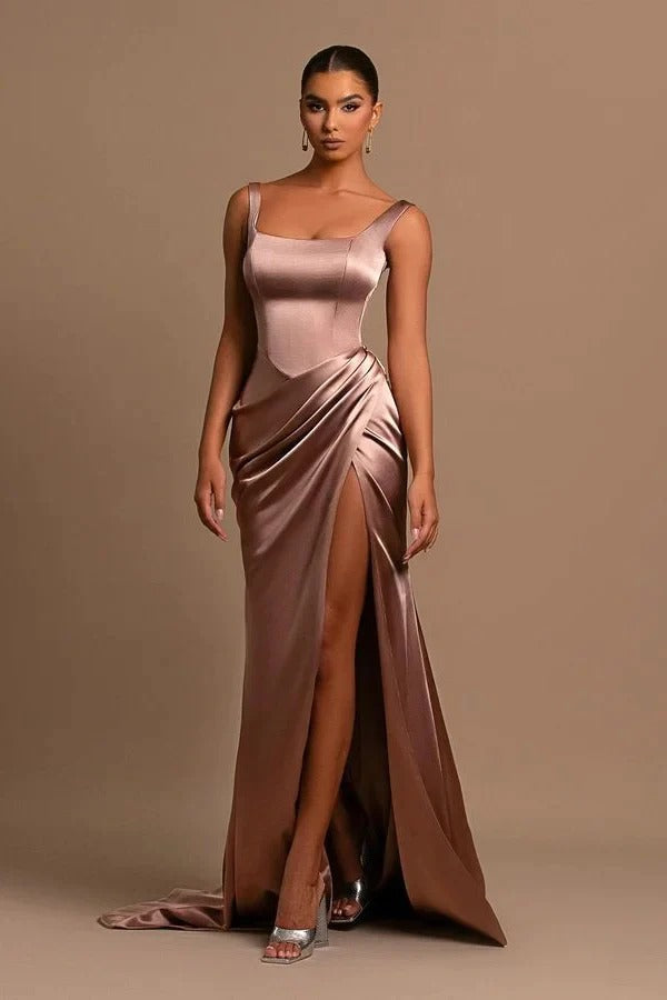 Simple Long Mermaid Straps Satin Sleeveless Formal Prom Dress With Slit