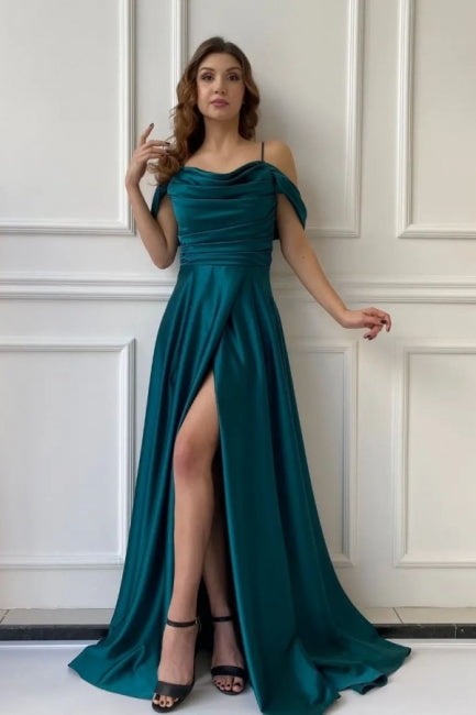 Vestidos de noche sencillos, largos, con hombros descubiertos y corte A, vestidos de fiesta con abertura