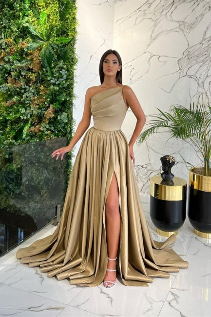 Vestido de fiesta sencillo, largo, rojo, de satén, con corte en A, un hombro, sin mangas y abertura