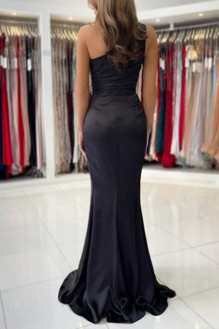 Vestido de fiesta sencillo de sirena, sin mangas, con un solo hombro y volantes hasta el suelo