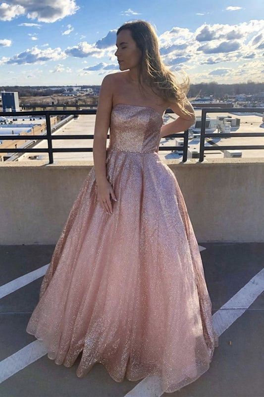 Vestidos de fiesta formales sencillos de tul con purpurina, largos, sin tirantes, en color rosa