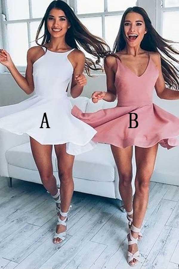 Vestido blanco corto sencillo sin espalda para fiesta de bienvenida y graduación