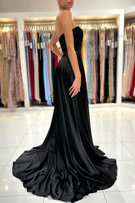 Einfache Sweetheart Satin Abendkleider Schwarze lange Ballkleider mit Schlitz