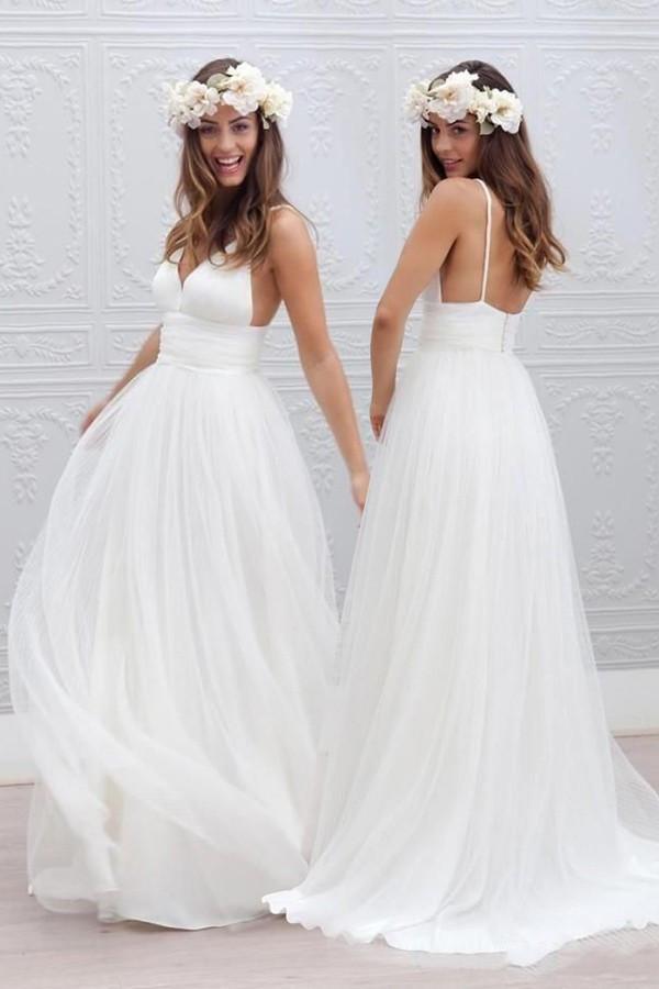 Robe de mariée simple à col en V et longueur au sol avec ceinture froncée WD054