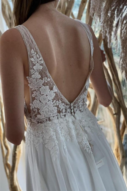 Vestidos de novia sencillos de gasa blanca, sin espalda, corte A y con encaje