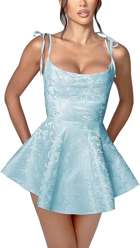 A-Linie Kurzes Homecoming-Kleid Spaghettiträger Satin Ärmelloses Partykleid Jacquard Partykleider