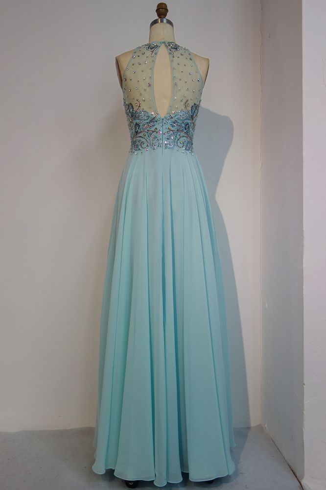 Sleeveless Chiffon A-line Crew Long Crystal Beading Prom Dresses