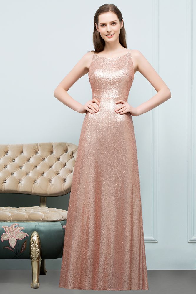 Sleeveless Floor Length A-line Scoop Sequined Prom Dresses