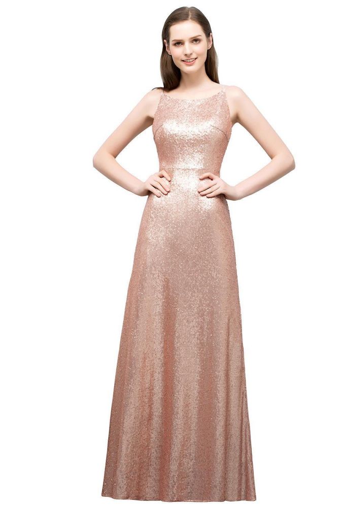 Sleeveless Floor Length A-line Scoop Sequined Prom Dresses
