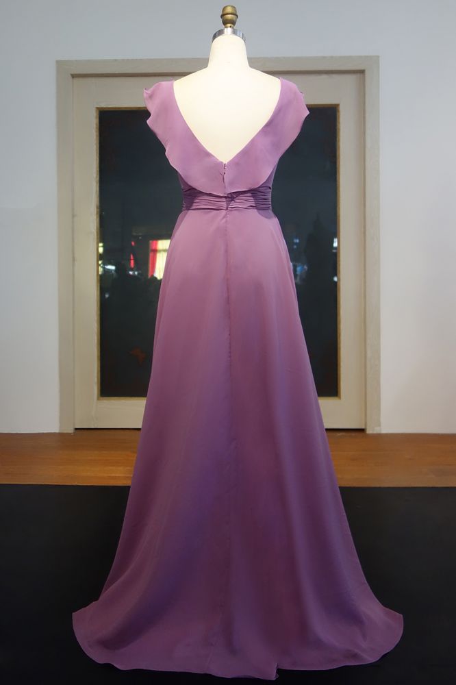 Sleeveless Floor Length A-line V-neck Ruffled Chiffon Prom Dresses