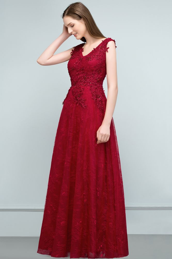 Sleeveless Lace Appliques A-line V-neck Long Prom Dresses with Crystals