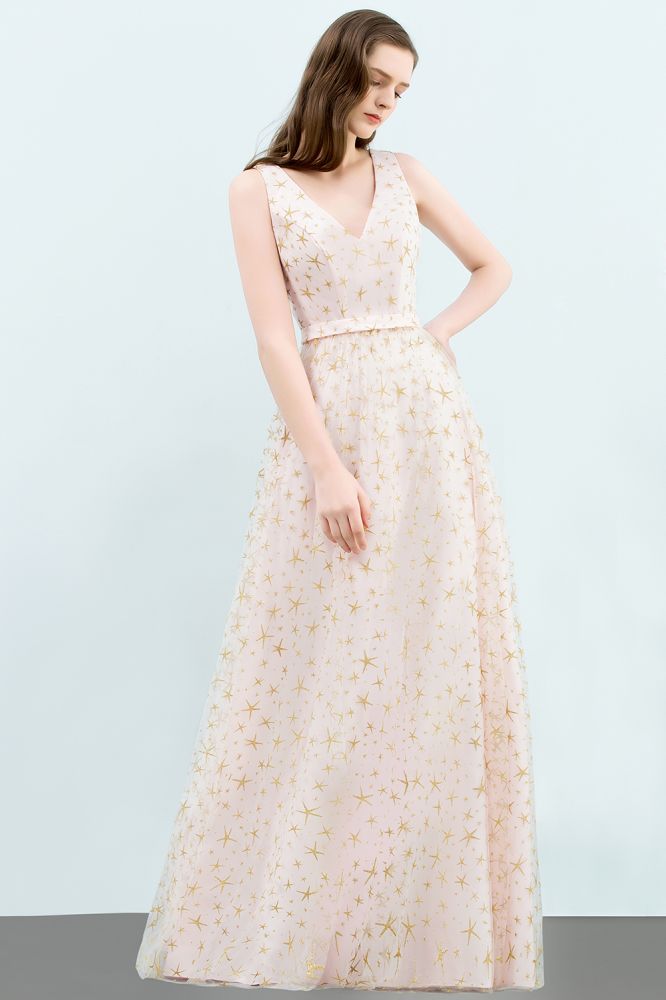 Sleeveless Long A-line V-neck Appliqued Tulle Prom Dresses