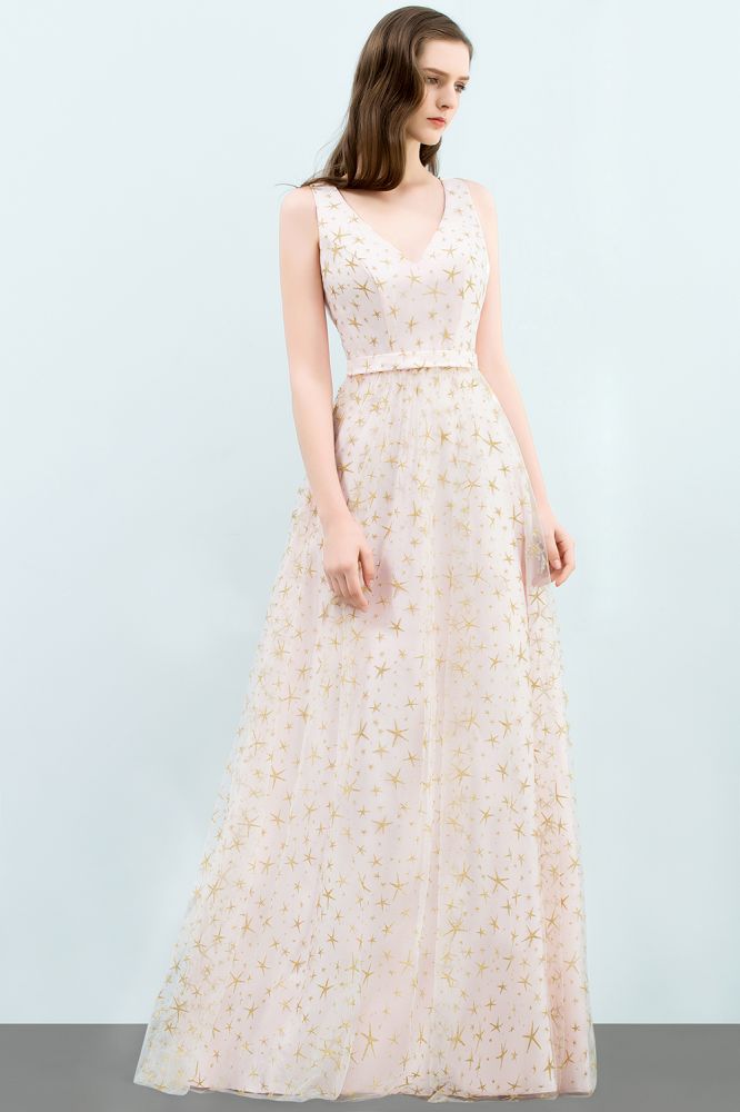 Sleeveless Long A-line V-neck Appliqued Tulle Prom Dresses