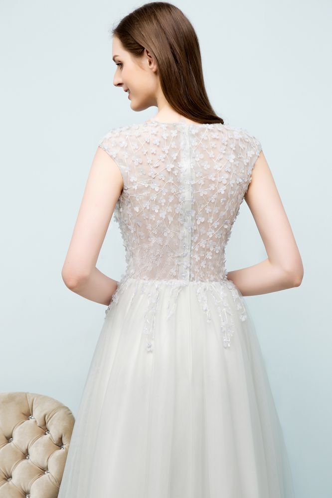 Sleeveless Long Split A-line Appliqued Tulle Prom Dresses