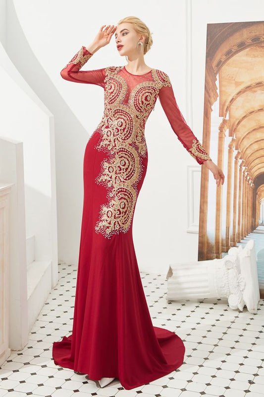 Vestido de noche de sirena con apliques dorados, mangas largas y ajustado, largo hasta el suelo, para eventos y fiestas.