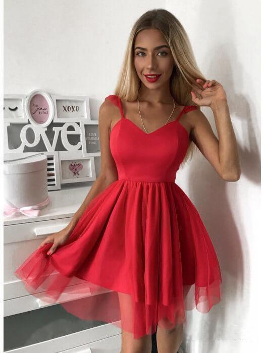 Vestido de fiesta corto rojo con tirantes finos y minivestido para el regreso a casa