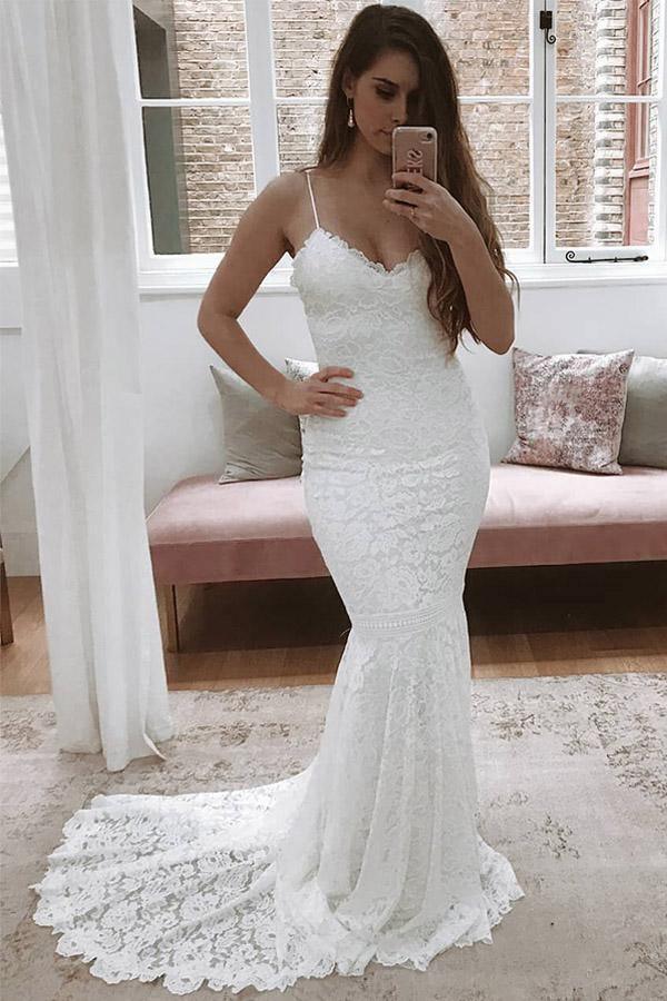 Spaghetti Straps Mermaid All Over Lace Ivory Wedding Dress