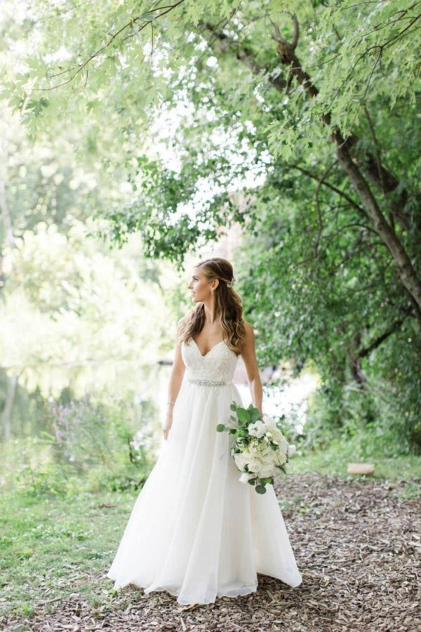 Spaghetti Straps V-neck A-line Wedding Dress with Crystals Belt