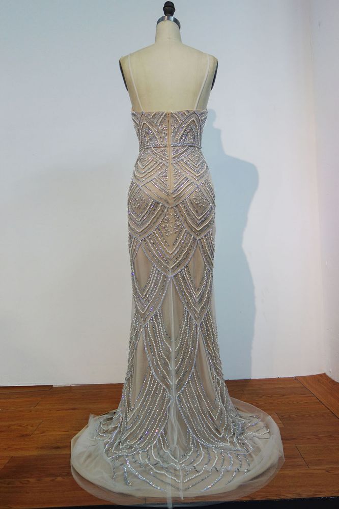 Vestidos de fiesta largos de sirena con escote en forma de corazón y lentejuelas, con cuentas, perlas y cristales