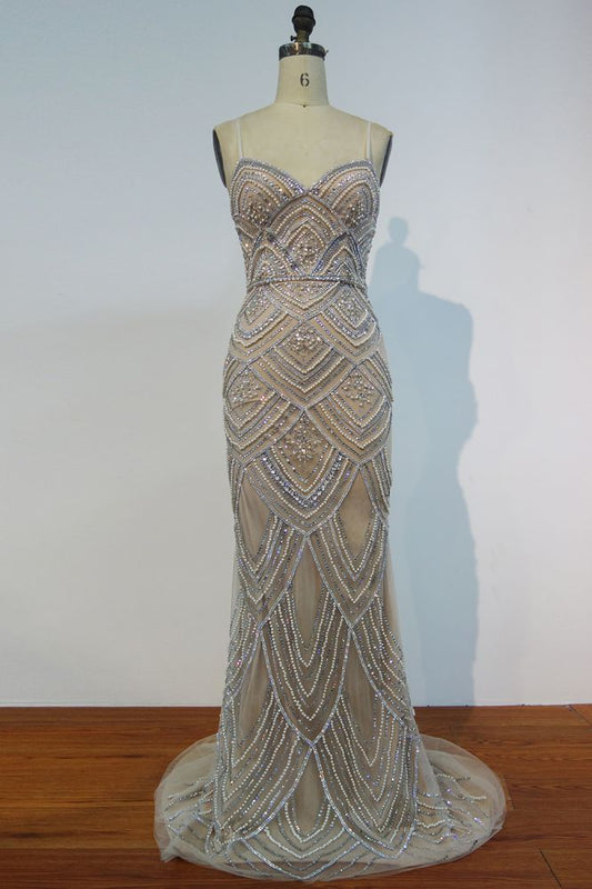 Vestidos de fiesta largos de sirena con escote en forma de corazón y lentejuelas, con cuentas, perlas y cristales