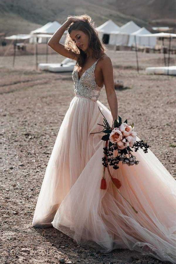 Sparkle Beading A-line V-neck Wedding Dresses Backless Bridal Gowns