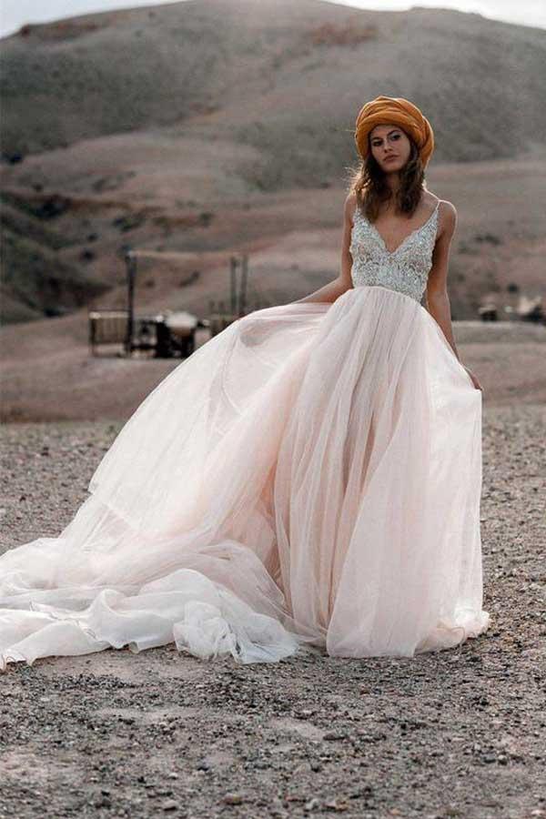 Sparkle Beading A-line V-neck Wedding Dresses Backless Bridal Gowns