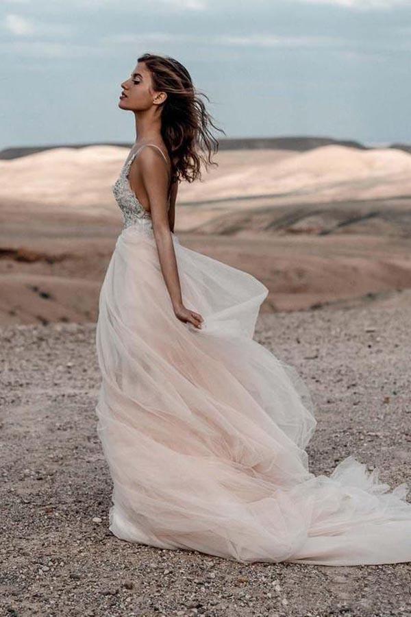 Sparkle Beading A-line V-neck Wedding Dresses Backless Bridal Gowns