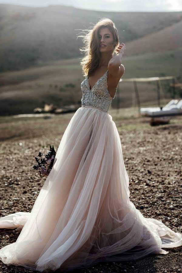 Sparkle Beading A-line V-neck Wedding Dresses Backless Bridal Gowns