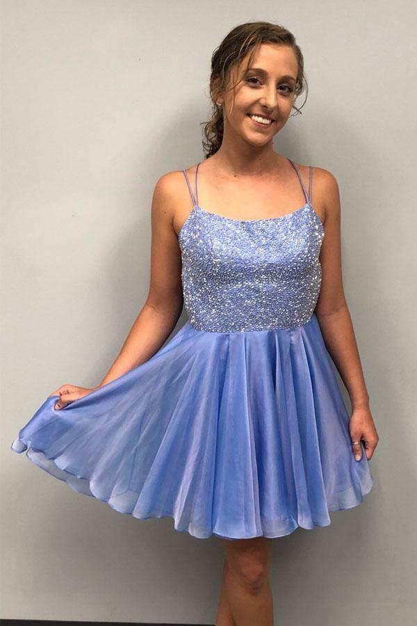 Vestido de fiesta corto azul con cuentas brillantes y vestido de regreso a casa