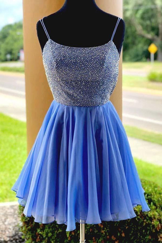 Vestido de fiesta corto azul con cuentas brillantes y vestido de regreso a casa