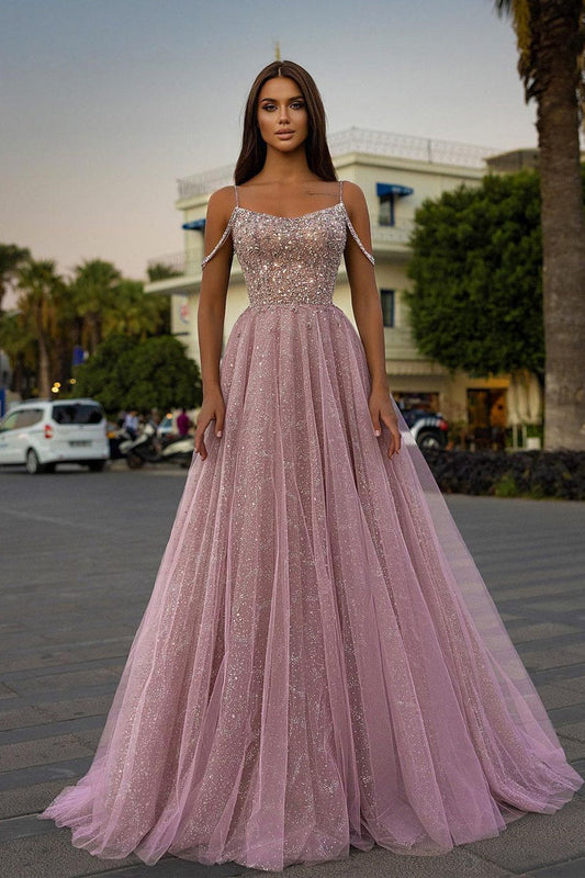 Vestido de fiesta largo hasta el suelo con tirantes finos y brillantes de Aline