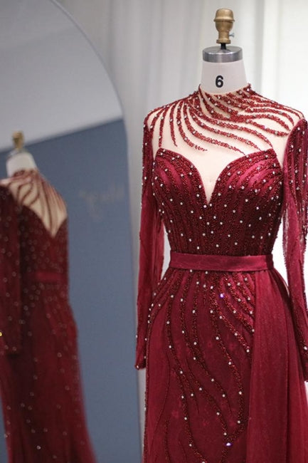 Sparkly Burgundy Long Sleeve Mermaid Prom Dresses Luxious Evening Gowns