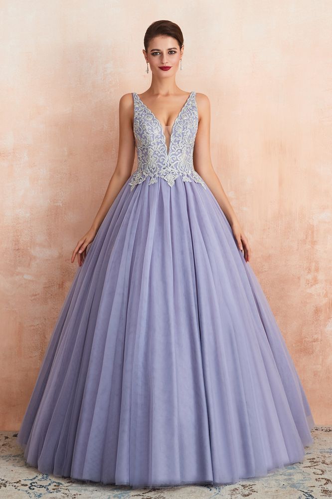 Sparkly Double V-Neck Aline Ball Gown Crystals Tulle Floor Length Party Dress