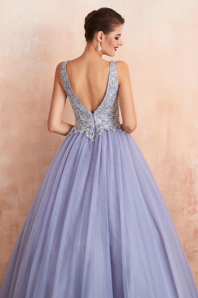 Sparkly Double V-Neck Aline Ball Gown Crystals Tulle Floor Length Party Dress