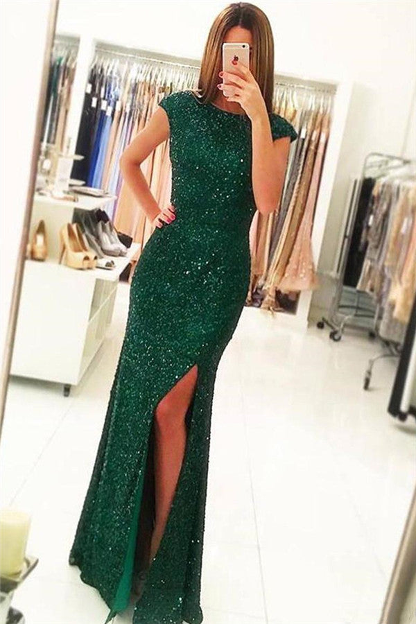 Vestido de fiesta largo de sirena con lentejuelas y espalda abierta, brillante y con abertura
