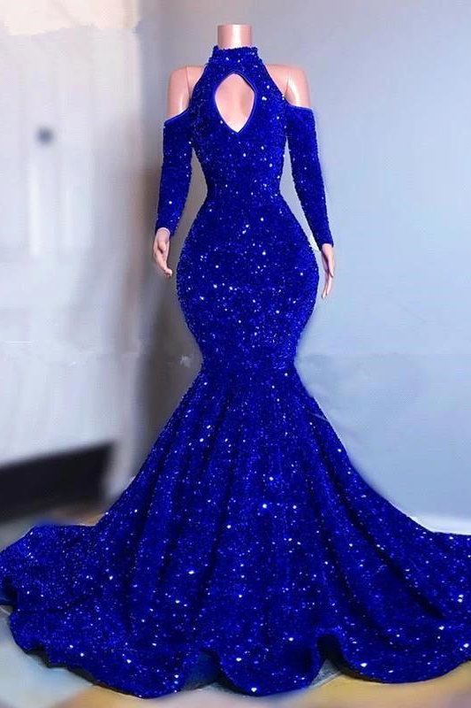 Vestido de fiesta de sirena con mangas largas y brillantes hasta el suelo