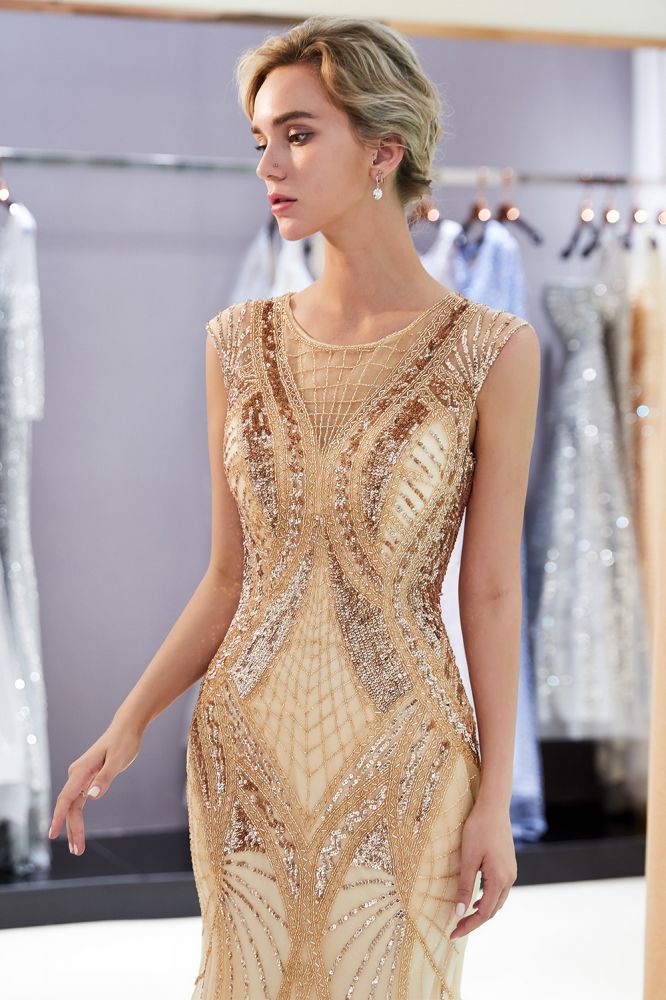 Funkelndes Meerjungfrau-Kleid mit ärmellosen goldenen Pailletten und Perlen