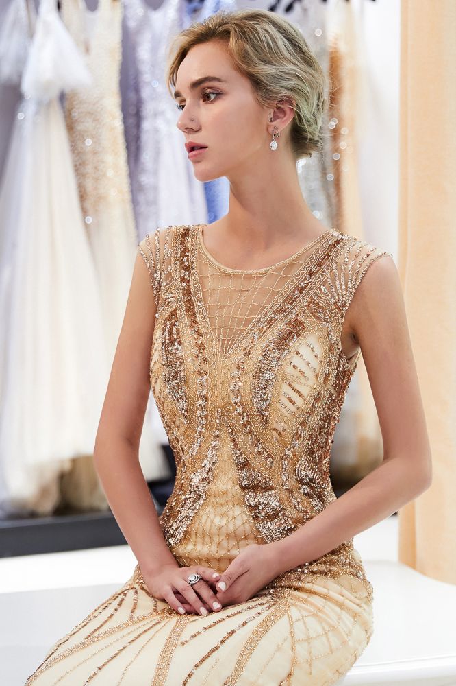 Funkelndes Meerjungfrau-Kleid mit ärmellosen goldenen Pailletten und Perlen