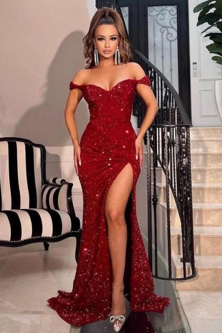 Vestidos de fiesta largos de sirena con hombros descubiertos y abertura en rojo brillante