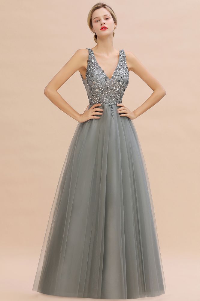 Sparkly Sequins V-Neck Aline Evening Maxi Dress Tulle Prom Dress